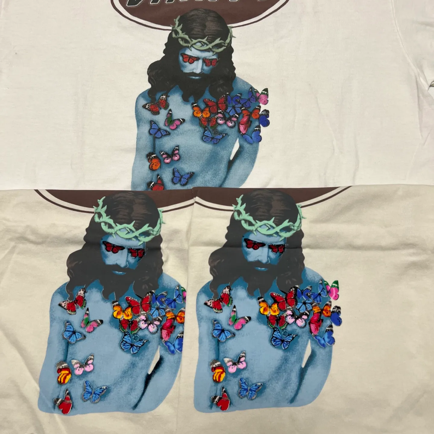 Printing proofing SAINT Mxxxxxx VANITY SS TEE/WHT Jesus butterfly printed short-sleeved off-white S-XL cylindrical fabric without side seams 220g high weight OE yarn ⚠️Note: It is almost meaningless if it is not a cylindrical fabric Customized main mark/wash mark/little angel anti-counterfeiting label Original-level printing factory Top purchasing level